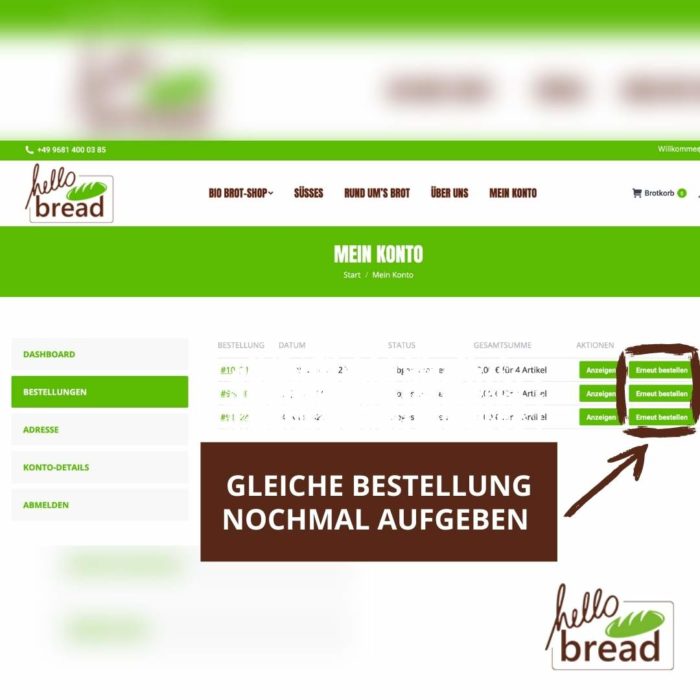 Letzte Biobrot Bestellung nochmal bestellen